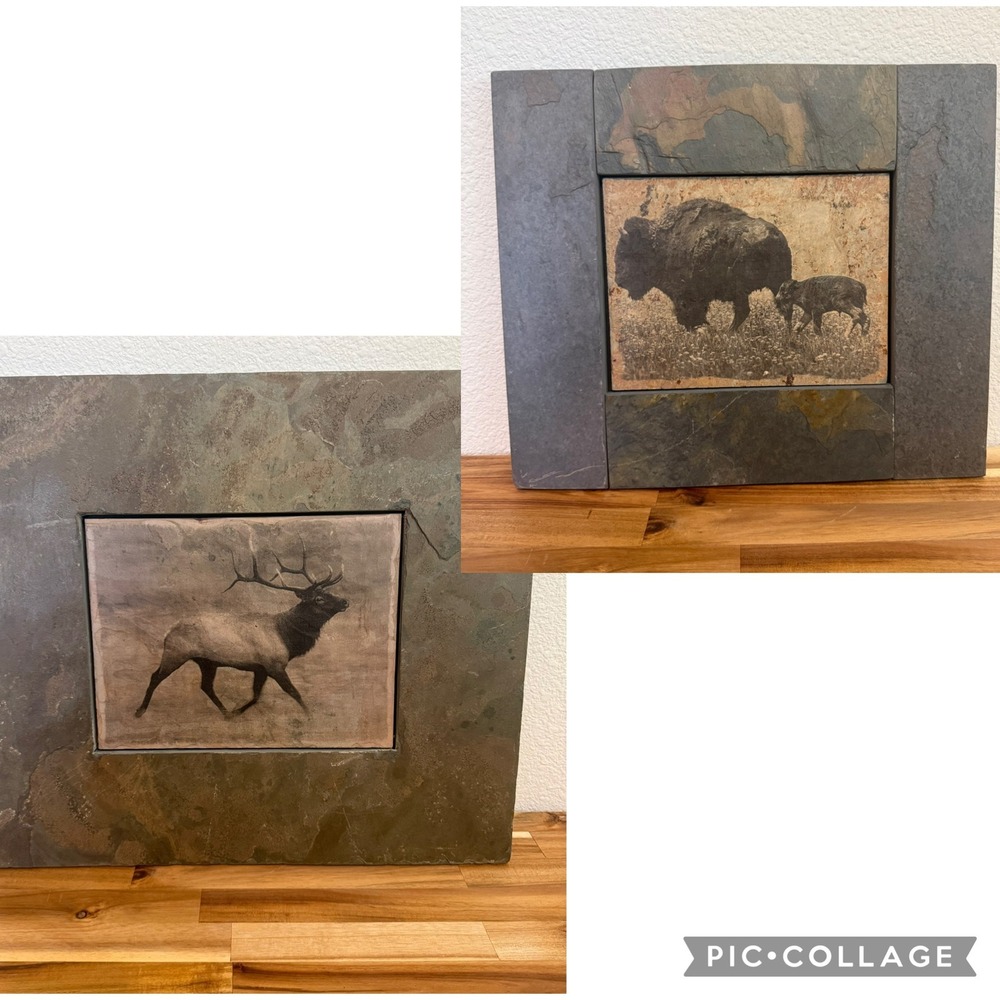 Bundle of 2‎ Sierra Slate Bison and Elk Handcrafted Stone Wall Art Rustic Decor